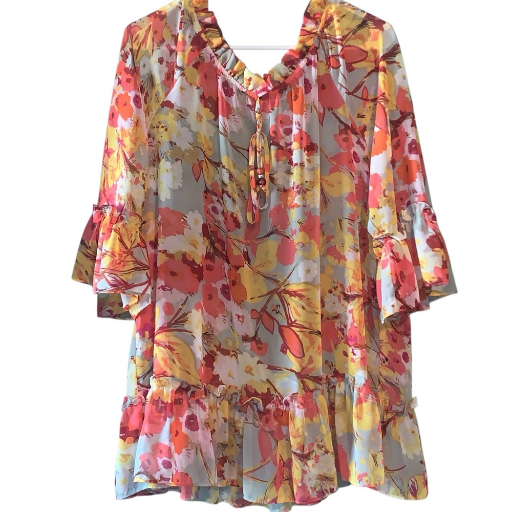 Simonton Says Blouse Women's L Floral Ruffled Neck Hem Tie 3/4 Sleeve Career Top